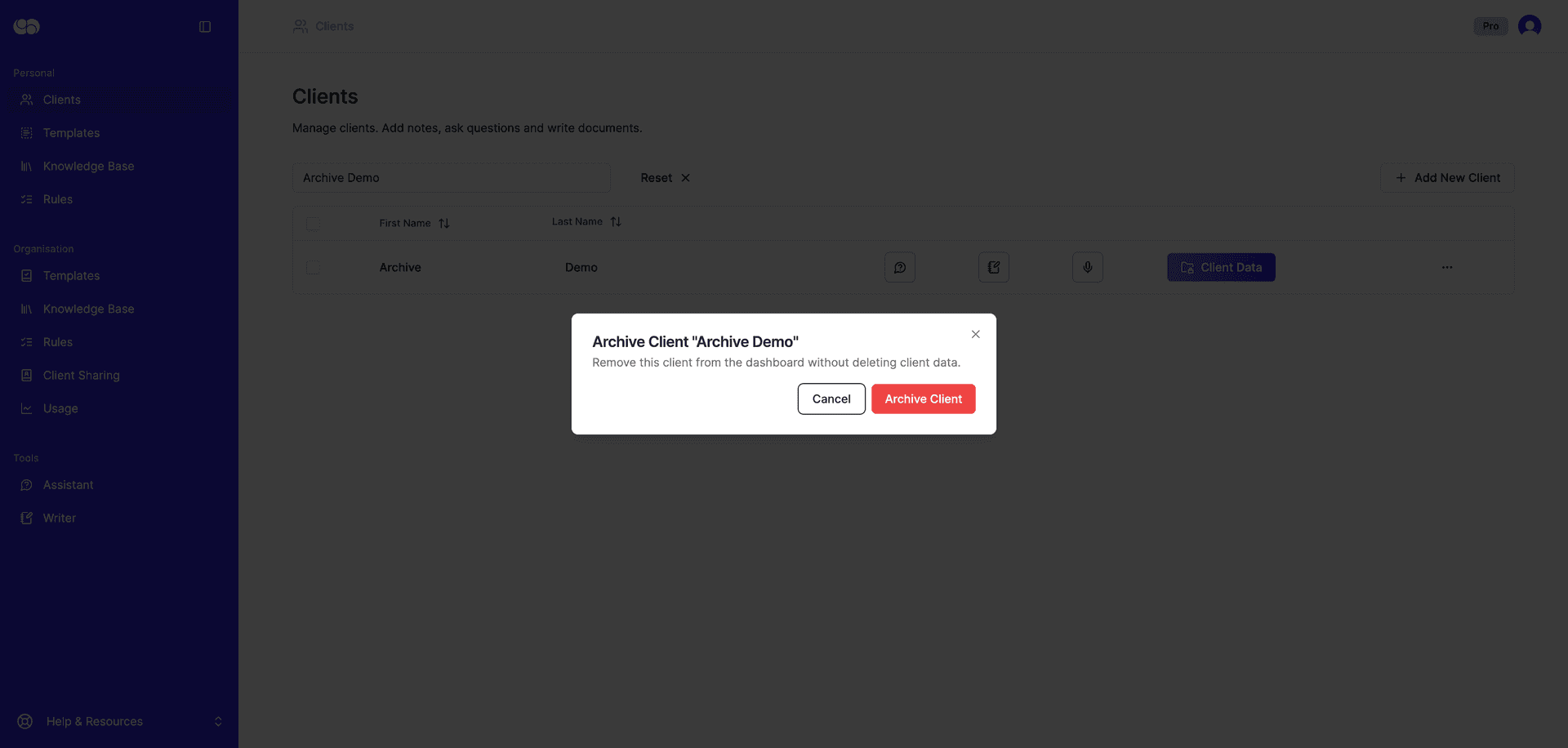 confirm archiving a client