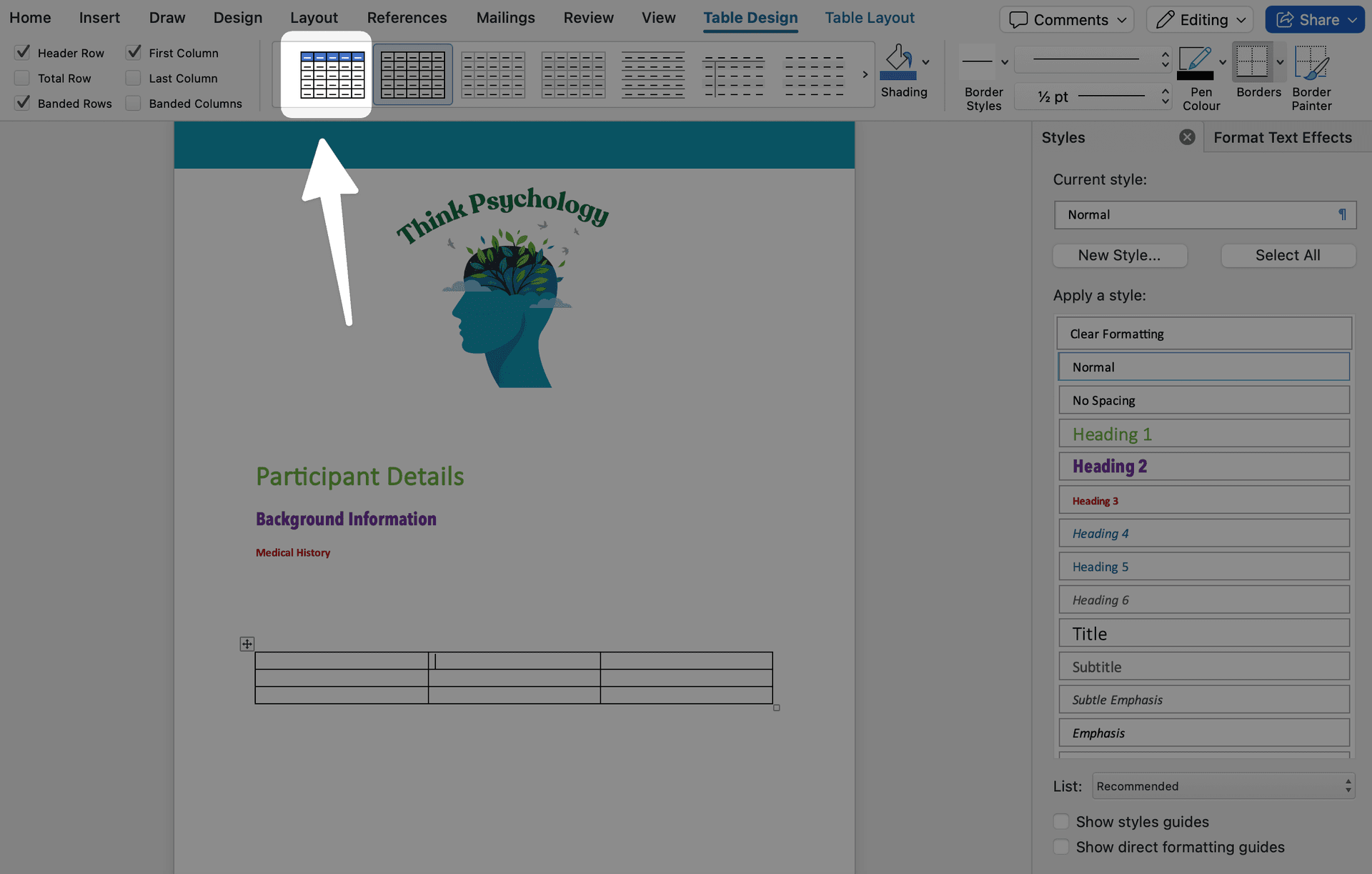 click on table design