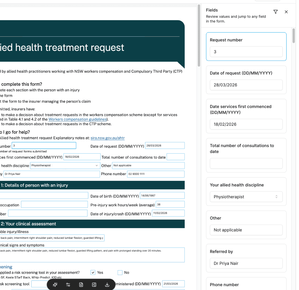 SIRA PDF form review panel with filled fields