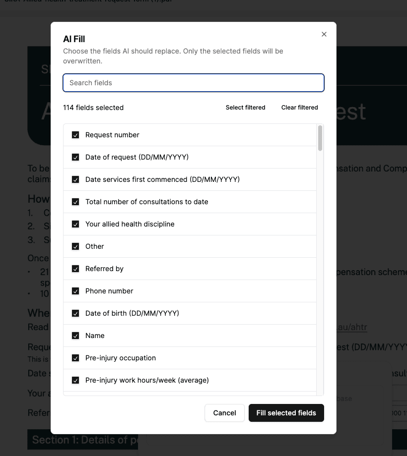 AI Fill field selection dialog