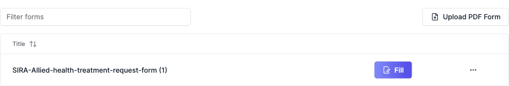 PDF forms tab in templates with upload button and fill button