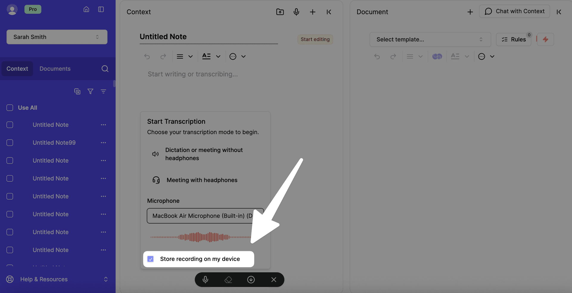 store recording on my device option