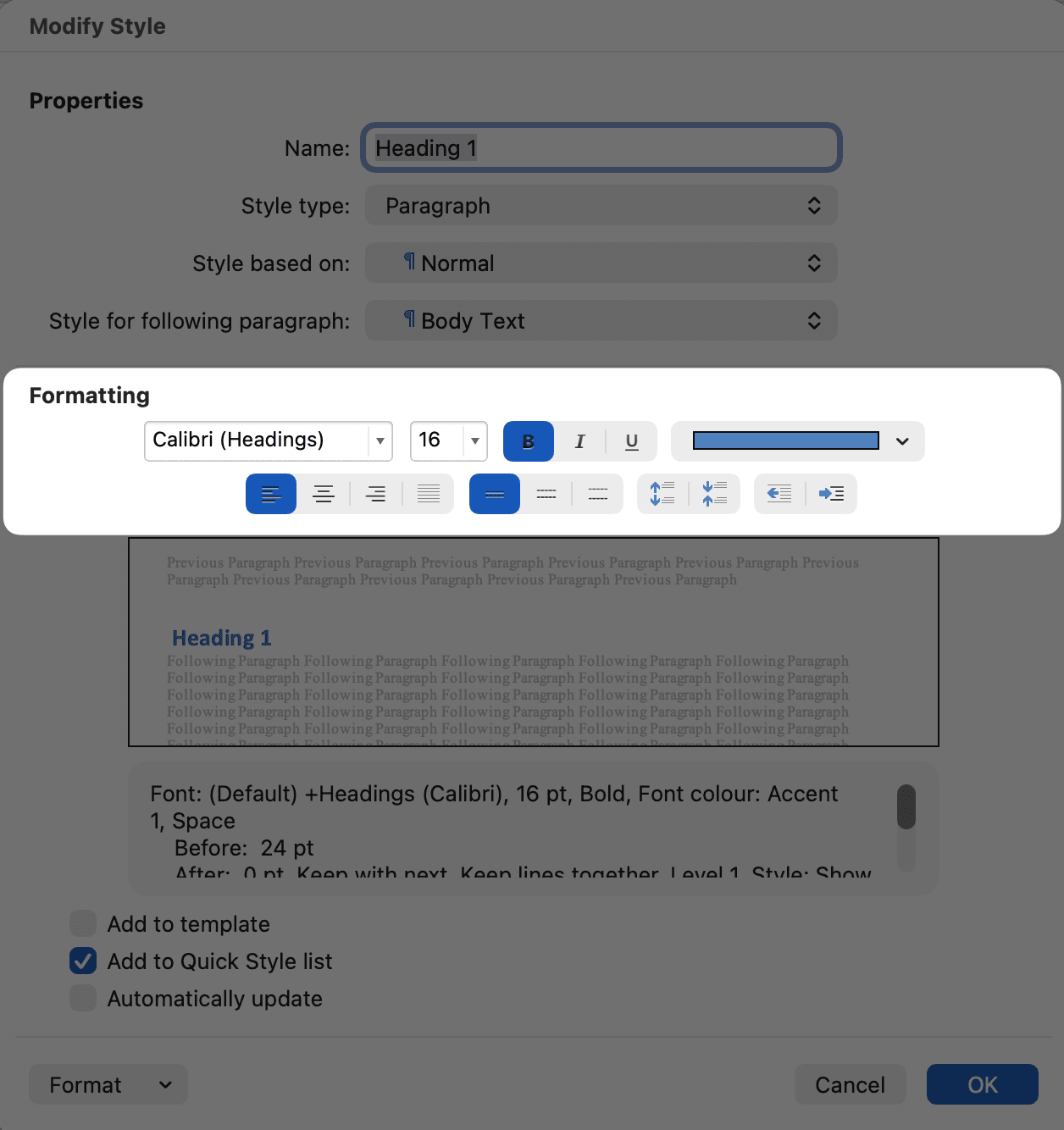 Modify Style pop up in Word