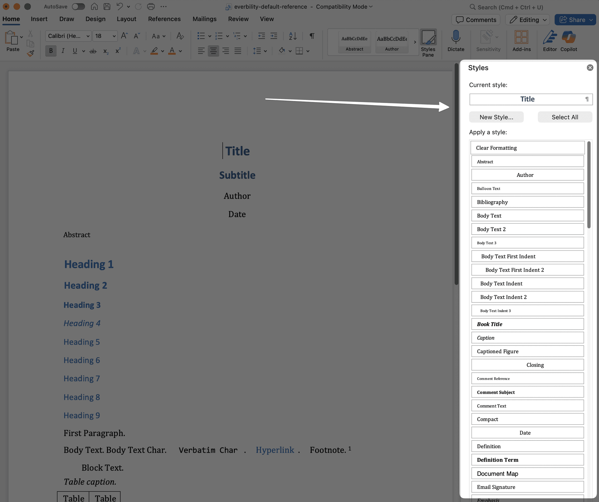 Styles available in Word